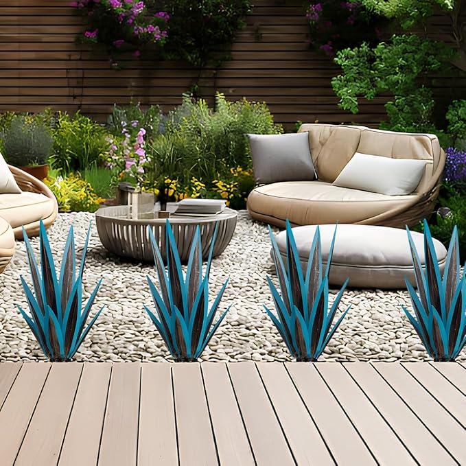 2PCS Large Tequila Rustic Sculpture, Wind Resistant Metal Agave Plants Garden Art for Outdoor Home Decor, DIY Hand Painted Metal Agave Yard Sculpture Statue Garden Lawn Ornament Gift (2, Blue)