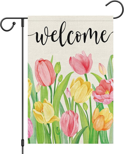 Heyfibro Welcome Spring Summer Garden Flag 12 x 18 Inch Vertical Double Sided Burlap, Tulip Flower Floral Garden Flags for Seasonal Holiday Farmhouse Yard Outdoor Decor(ONLY FLAG)