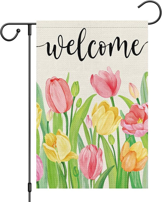 Heyfibro Welcome Spring Summer Garden Flag 12 x 18 Inch Vertical Double Sided Burlap, Tulip Flower Floral Garden Flags for Seasonal Holiday Farmhouse Yard Outdoor Decor(ONLY FLAG)