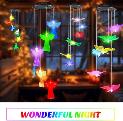 Baquler 4 Pcs Solar Wind Chimes for Outside Hummingbird Angel Butterfly Dragonfly Waterproof Hanging Solar Lights for Patio Garden Yard Porch Outside Gifts for Mom Grandma Women