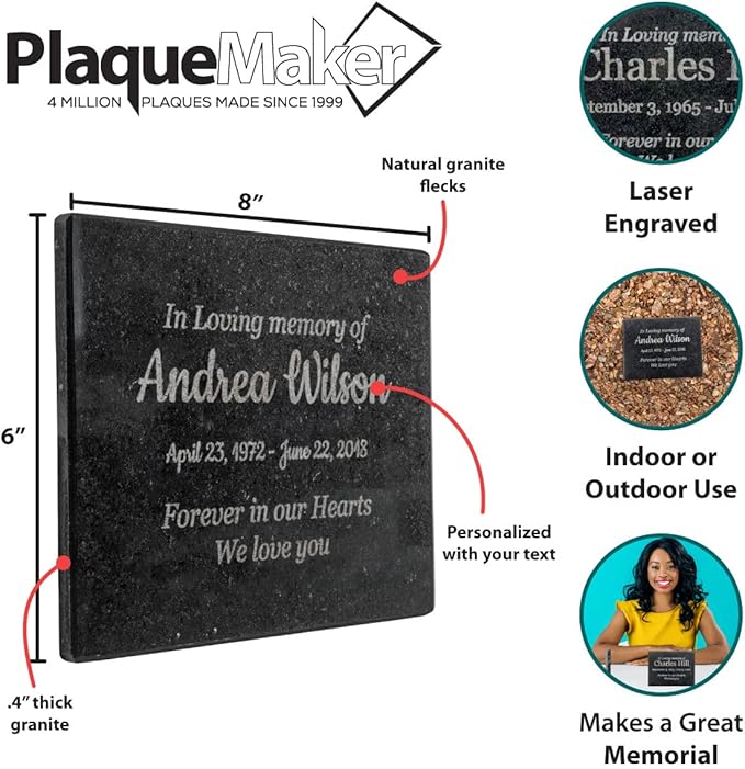 Customized In Loving Memory Black Granite Memorial or Sympathy Gift. Offered in a Variety of Sizes to Meet your Needs and Budget (8 x 6 x .4")