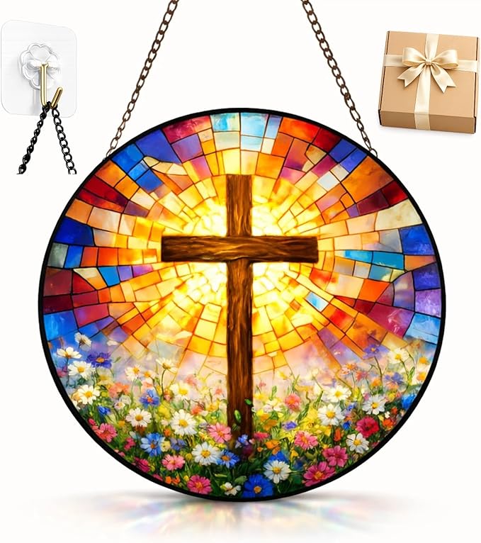 Christian Cross Suncatcher Window Hanging, 7.87" Stained Glass Mother’s Day Faith Gift for Mom Grandma, Radiant Cross Religious Decor for Window Prayer Room Sunroom Office