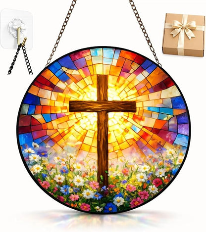 Christian Cross Suncatcher Window Hanging, 7.87" Stained Glass Mother’s Day Faith Gift for Mom Grandma, Radiant Cross Religious Decor for Window Prayer Room Sunroom Office