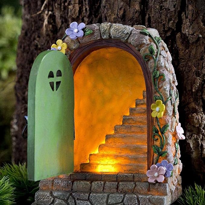 FitBest Fairy Garden Doors Decoration, Solar Miniature Door Sculpture, Outdoor Garden Statue for Tree Yard Lawn Patio Ornament Decoration
