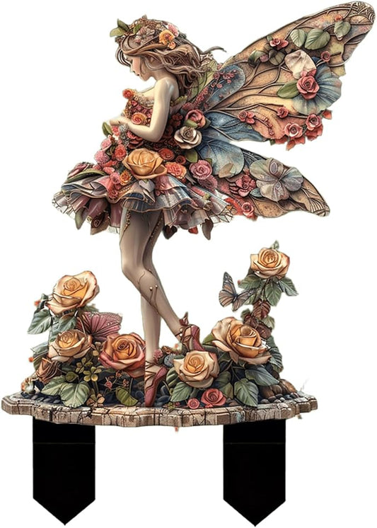 Flower Fairy Garden Stake Decor, 2D Flat Acrylic Elf Garden Sign with Stake, Fairy with Magic Sign for Indoor Outdoor Yard Lawn Balcony Pot Plants (Rose Fairy)