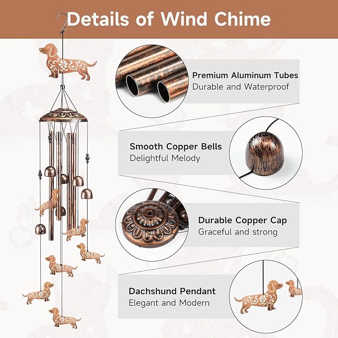 Dachshund Dog Wind Chimes for Outside,41" Metal Windchimes, Housewarming/Easter/Halloween/Festival Gifts for Women/Men, Pet Memorial Wind Chimes for Dogs, Dachshund Decor for Outside, Patio or Garden
