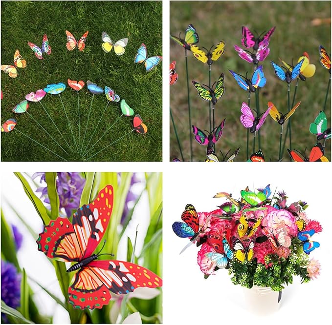 Rikyo 3D Butterfly Garden Stake Decor,10" PVC Butterfly Garden Decor for Outside,Shaking Head Artificial Butterflies for Cake Bouquet Wall Lawn Pathway Plant Pot Flower Bed Yard Decor (50, Colorful)
