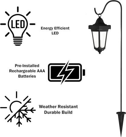 Set of 2 Solar Lanterns - Waterproof Hanging Coach LED Lights with Shepherd Hooks for Mounting - Garden Decor for Outside by Pure Garden (Black)