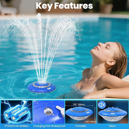 Floating Pool Fountain with Lights Show, 9 Pool Light Modes and 3 Fountain Modes with Remote for Inground Above Ground Pool, Upgraded Rechargeable Pool Fountains with Anchor-1 PC
