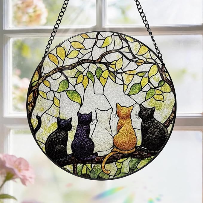 Stained Glass Window Hanging, 8 Inch 5 Cats on a Branch Suncatcher, Sun Catchers Indoor Window, Suncatchers for Windows Hanging, Spring Home Garden Decor Panel, Cat Lover Gifts for Women Mom Grandma