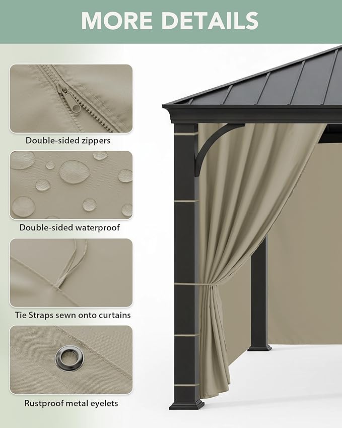 Patio Curtains Outdoor Waterproof - 10'Wx12'Lx7'H Weatherproof Pergola Outside Curtains, Gazebo Universal Replacement Privacy Curtains, 4 Panels Sidewall Drapes with Zipper, Taupe