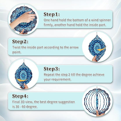 Wind Spinners Outdoor, Hanging Wind Spinner for Garden Decoration, 8 inch 3D Stainless Steel Metal Wind Sculpture for Indoor/Outdoor Decor, Blue Mandala