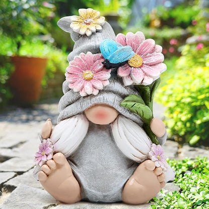 Hodao Flower Gnomes Ornaments Decor Gifts Summer Gnomes Figurines for Garden Decorations Spring Sculptures Gifts for Outdoor Decor for Mom, Grandma (Grey-Woman)