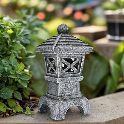 Solar Pagoda Garden Statue Outdoor Zen Japanese Stone Lantern Decor Asian Style Pagoda Lantern Light for Yard Decorations Patio Backyard Lawn Ornaments Home Landscape Art