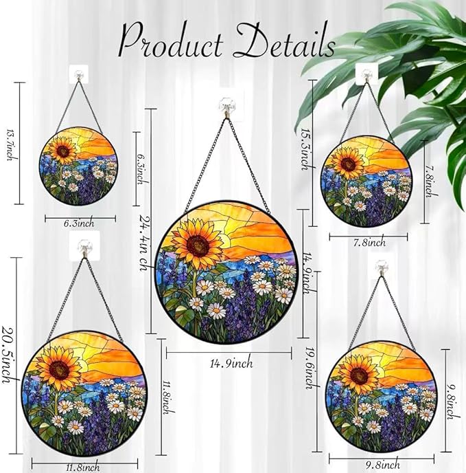 Stained Glass Window Hanging - Sunflowers, Daisies, Lavender and Sunset 7.8 Inches Suncatcher for Garden Home Decor for Women Mon Grandma Friends