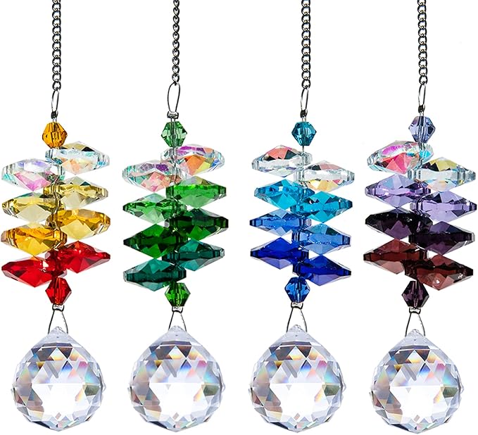 HDCRYSTALGIFTS 4PCS Crystal Hanging Sun Catchers for Window Indoor Rainbow Maker Suncatchers Crystals Ball Prism Chakra Octagon Bead Decor for Home Garden,10.5inch