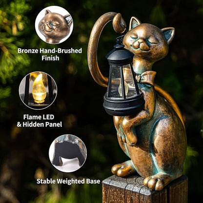 WHIMSYNOOK 10.7" Bronze Cat Garden Statue with Solar Light – Outdoor Yard & Lawn Décor, Charming Cat Figurine Gift for Mom & Cat Lovers