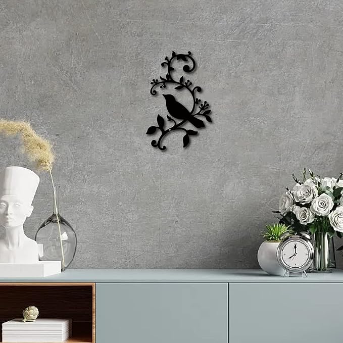 CREATCABIN Metal Bird Wall Decor Birds on The Branch Art Iron Wall Signs Hanging Metal Ornament Sculpture Leaves for Balcony Garden Home Living Room Decoration Outdoor Indoor Gifts Black 11.8x7.8Inch