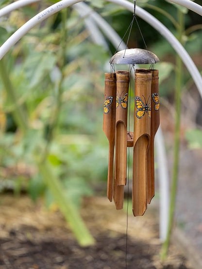 Monarch Butterfly Bamboo Wind Chime - Coconut Top, Medium Size, Hand Painted