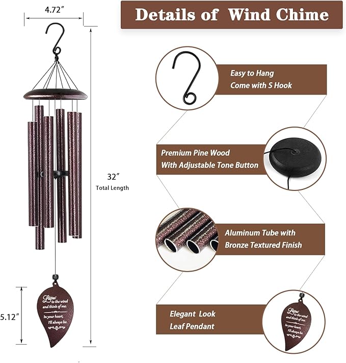 Soopau Sympathy Gift, 32'' Memorial Wind Chimes for Loss of Loved One Mother Father Miscarriage, Bereavement/Condolence/Funeral Gifts, Windchimes in Memory of a Loved One (Bronze)