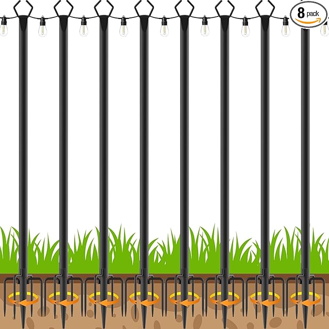 10Ft String Light Poles 8 Pack,Light Poles for Outside Lights,Outdoor with Fence Brackets Hanging Lights,Metal Stand Deck Patio Backyard