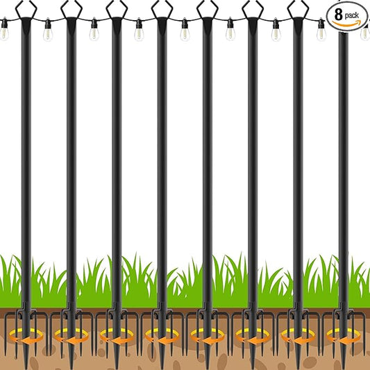 10Ft String Light Poles 8 Pack,Light Poles for Outside Lights,Outdoor with Fence Brackets Hanging Lights,Metal Stand Deck Patio Backyard