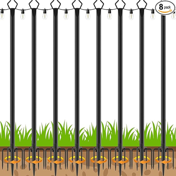10Ft String Light Poles 8 Pack,Light Poles for Outside Lights,Outdoor with Fence Brackets Hanging Lights,Metal Stand Deck Patio Backyard