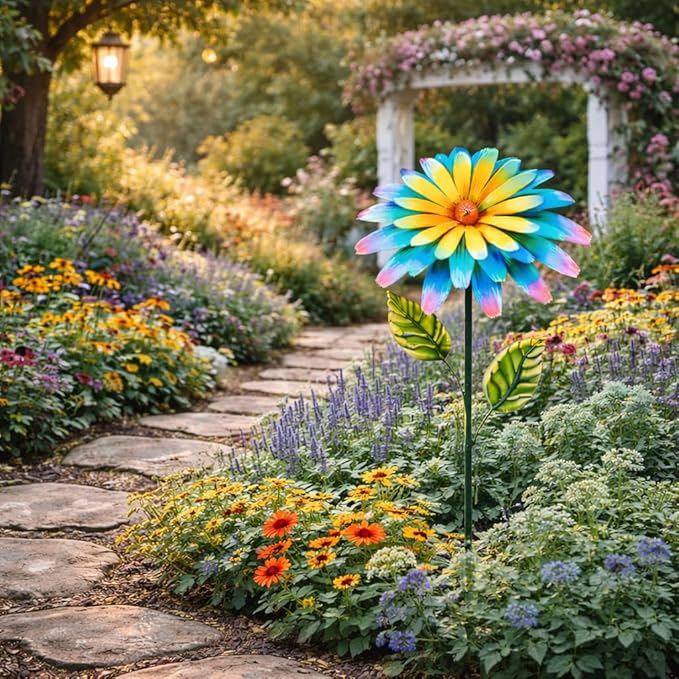 Glitzhome Metal Flower Yard Stake, 41 Inch Hand Painted Garden Flower with Blue Yellow Petals, Iron Garden Yard Spring Decor for Lawn Landscape