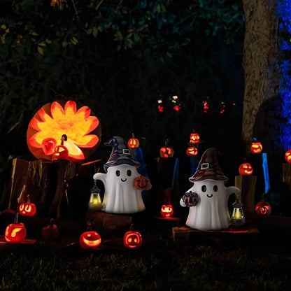 Suzile 2 Pack Halloween Outdoor Decoration 9.5 Inch Spooky Ghost Statues with Solar Lantern Light Pumpkin for Garden Halloween Figurine Cute Resin Ghost for Lawn Patio Party Indoor Home Decor Gift