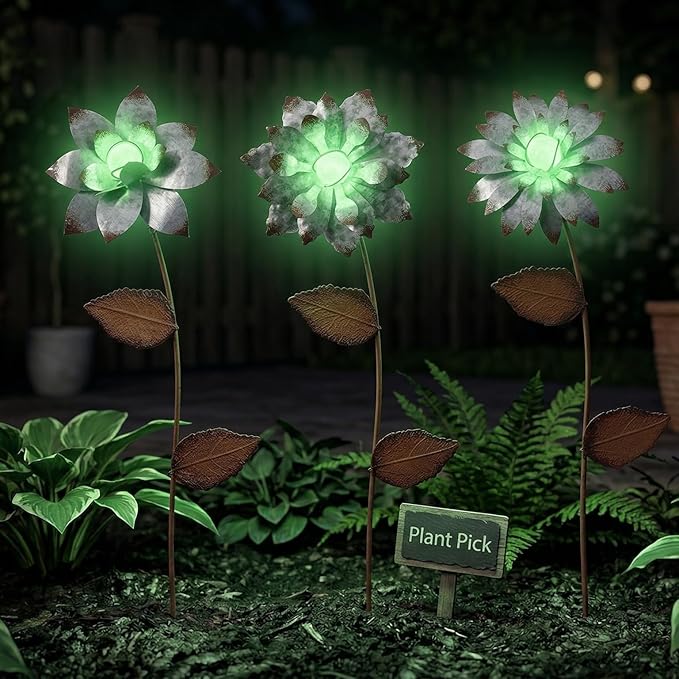 Garden Stakes Decorative, Metal Flowers for Outside, Glow in Dark Yard Lawn Ornaments Plant Pot Flower Bed Decor, Patio, Set of 3, Silver