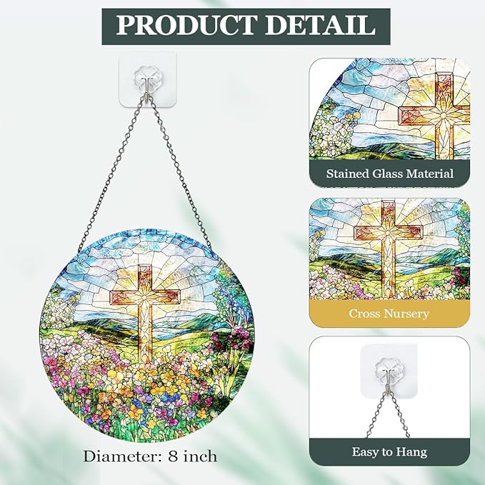 Cross and Wildflower Stained Glass Suncatcher, Christian Cross Window Hanging Decor, Religious Faith Gift, Garden Sun Catchers Hanging Wall Art 8 inch