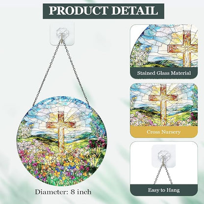 Cross and Wildflower Stained Glass Suncatcher, Christian Cross Window Hanging Decor, Religious Faith Gift, Garden Sun Catchers Hanging Wall Art 8 inch