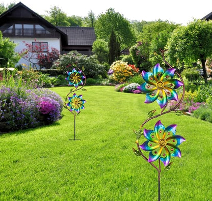 VEWOGARDEN Flower Wind Spinners Outdoor Garden Metal Stake Wind Sculptures & Spinners for Patio Yard Lawn Art Decorations, Colorful