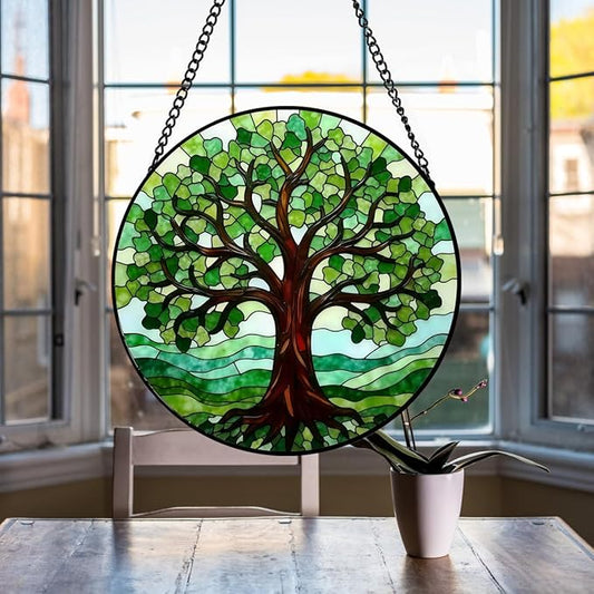 Tree of Life Suncatcher Stained Glass Window Hanging - 8 Inch Green Tree Suncatchers for Home Outdoor Garden Decoration - Sun Catchers Window Decor Panel - Mother's Day Birthday Gifts for Mom Grandma