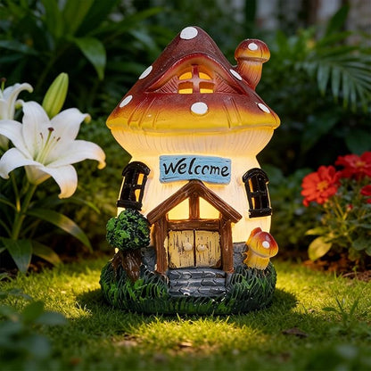 Ferrisland Solar Powered Mushroom House Statue with LED Light, 6.8 Inch Resin Garden Figurine with Welcome Sign, Outdoor Decor for Patio, Lawn, Yard, Pathway, Garden Gifts(Mushroom House)