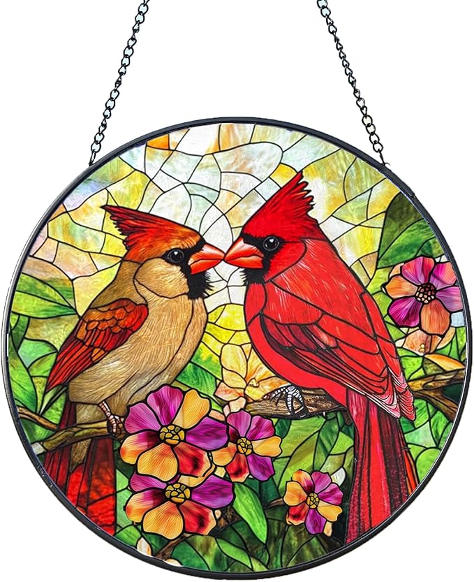 Cardinal Stained Glass Window Hanging, 7.87 Inch Sun Catcher for Indoor Outdoor, Hand Painted Stained Glass Gift for Women Bird Lovers Mother's Day Christmas