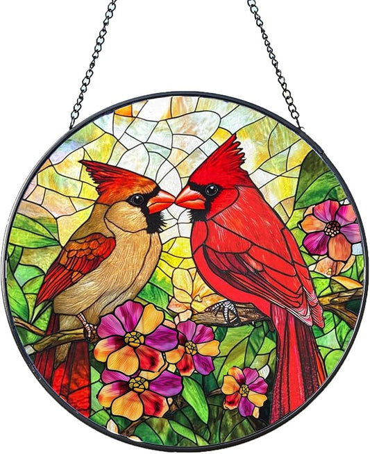 Cardinal Stained Glass Window Hanging, 7.87 Inch Sun Catcher for Indoor Outdoor, Hand Painted Stained Glass Gift for Women Bird Lovers Mother's Day Christmas