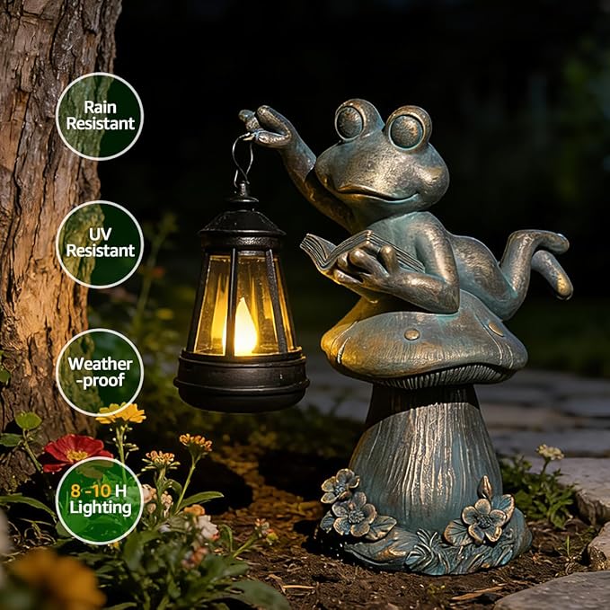 Solar Garden Outdoor Statues Lantern Figurines Light Decorations for Outdoor Patio Balcony Yard Lawn, Ideal Gifts for Mom Friends (Bronze -Frog)