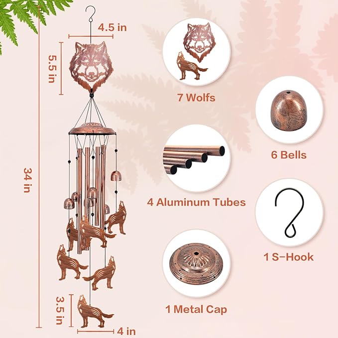 Wolf Wind Chimes for Outside,Wolf Gifts for Men Women/Memorial Gift/House Warming Gift/Birthday Gifts Metal windchimes Outdoors/Indoors,Garden Decor,Patio,Home,Porch,Yard Decorations