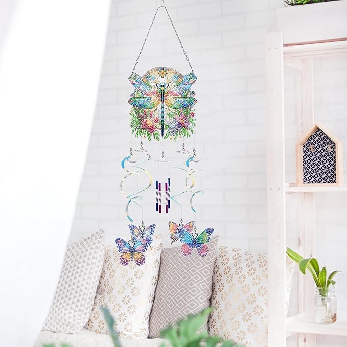 DIY Wind Chime Pendant Spring 3D Diamond Art Painting Hanging Ornament Double Sided Diamond Suncatchers for Window Home Backyard Garden Wall Door Decor-Dragonfly