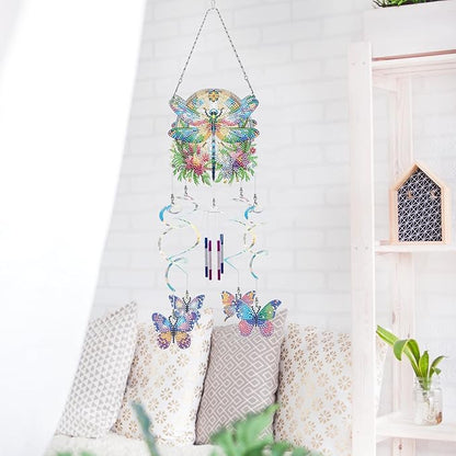 DIY Wind Chime Pendant Spring 3D Diamond Art Painting Hanging Ornament Double Sided Diamond Suncatchers for Window Home Backyard Garden Wall Door Decor-Dragonfly