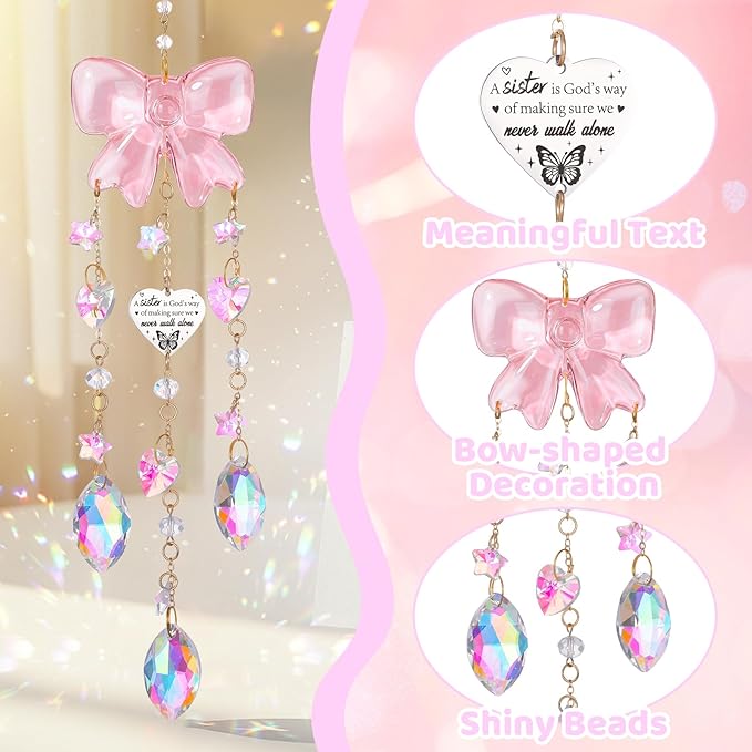 Crystal Sun Catchers Indoor Window,Pink Bow Decor Sun Catcher for Sister Gifts with 3 Chains,Prism Rainbow Crystal Suncatcher for Hangings College Dorm Rooms Home Decoration