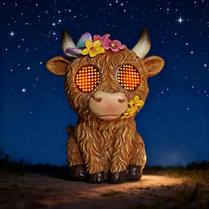 Solar Highland Cow Garden Outdoor Statues,Animals for Garden Decor with Moving Led Eyes,Lawn Decor Animal Statues for Patio,Balcony,Yard Ornament - Garden Gifts for Mom Grandma (Highland Cow)