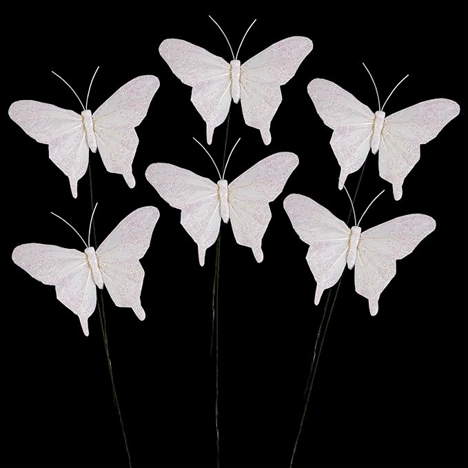 Cartanfill- Feather Fake Butterfly Balcony Decoration, Wedding Home Flower Pot Christmas Valentine's Day Fairy Garden Fairy Garden Supplies, White, 12pcs Wire