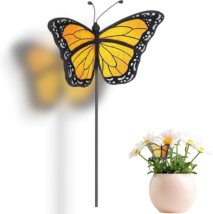 Geelin 1 Pc Stained Glass Flying Butterfly Suncatcher Flower Pot Decoration Metal Plant Pot Hangers Colorful Garden Yard Suncatcher Decor for Spring Home Indoor Outdoor Decor(Orange, Chic)