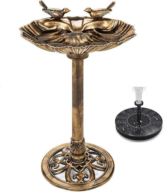 Water Fountain and Birdbath Solar Powered Polyresin Vintage Bronze/Green Outdoor Pond Fountain Combo Set Freestanding Bird Feeders for Garden Patio Deck or Yard