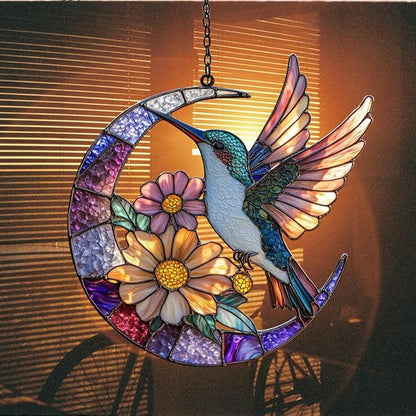 Floral Hummingbird Acrylic Suncatcher Stained Glass Effect Window Car Hanging Christmas Ornament Indoor Outdoor Decor Garden Sun Catcher Panel for Hummingbird Lover for Women Mom Grandma