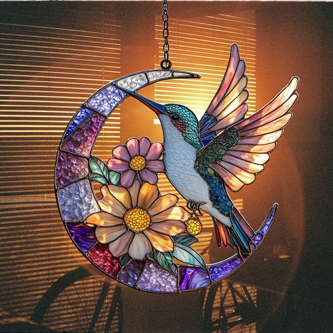 Floral Hummingbird Acrylic Suncatcher Stained Glass Effect Window Car Hanging Christmas Ornament Indoor Outdoor Decor Garden Sun Catcher Panel for Hummingbird Lover for Women Mom Grandma