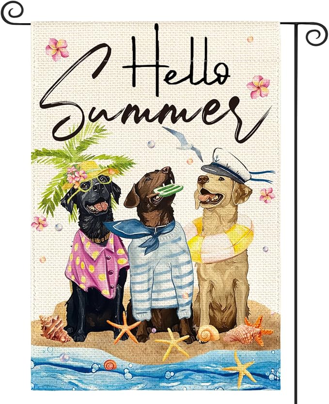 AVOIN colorlife Hello Summer Sea Beach Dogs Garden Flag 12x18 Inch Double Sided Outside, Floral Starfish Seasonal Holiday Yard Outdoor Decoration