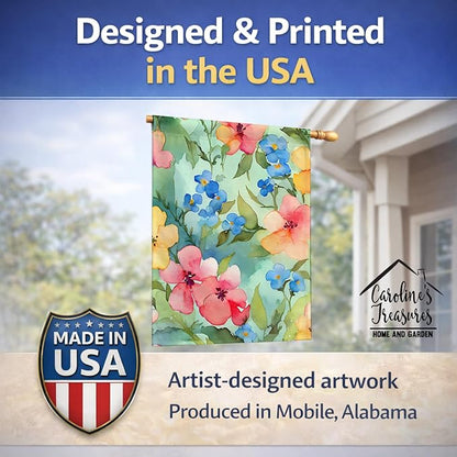 Caroline's Treasures Alaska Forget-me-nots in Watercolor House Flag Large Porch Sleeve Pole Decorative Outside Yard Banner Artwork Wall Hanging, Polyester, House Size, Multicolor